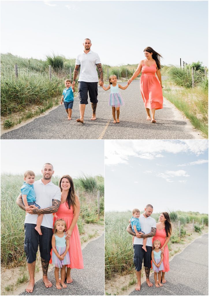 Family  with two children on the  beach playing in the sand at Sandy Hook light NJ Shore Family pictures with Renee Ash Photography LBI Family photographer