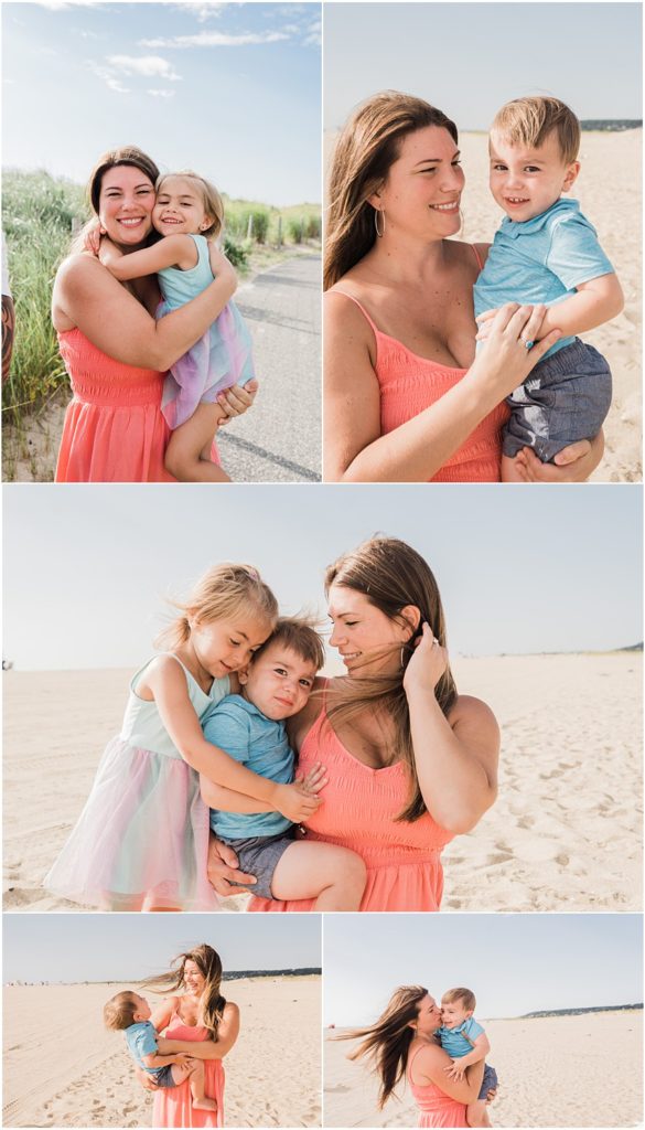 Mother with two children on the  beach playing in the sand at Sandy Hook light NJ Shore Family pictures with Renee Ash Photography LBI Family photographer