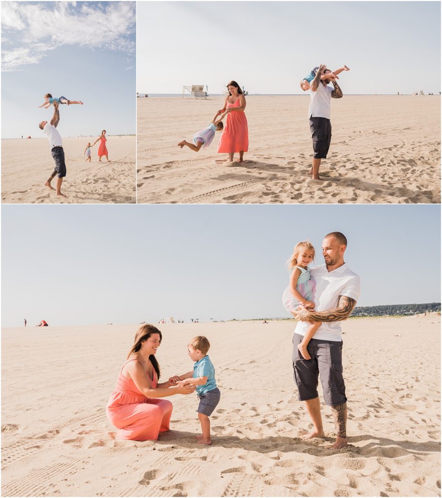 Family with two children on the  beach playing in the sand at Sandy Hook light NJ Shore Family pictures with Renee Ash Photography LBI Family photographer