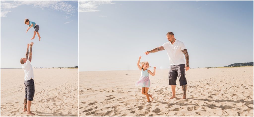 Father and daughter on the  beach playing in the sand at Sandy Hook light NJ Shore Family pictures with Renee Ash Photography LBI Family photographer