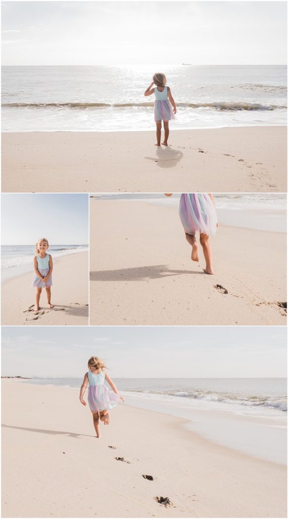 Little girl on the beach playing in the sand at Sandy Hook light NJ Shore Family pictures with Renee Ash Photography LBI Family photographer