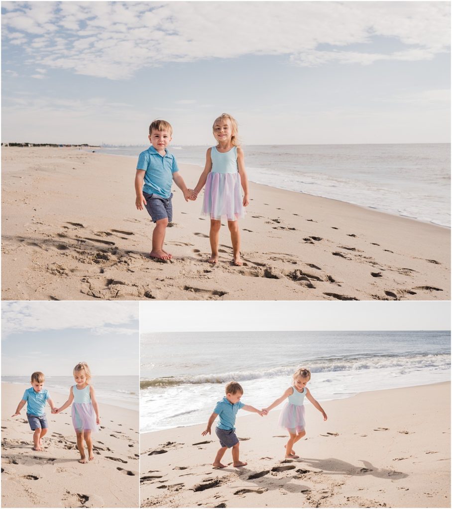 Siblings on the beach playing in the sand at Sandy Hook light NJ Shore Family pictures with Renee Ash Photography LBI Family photographer