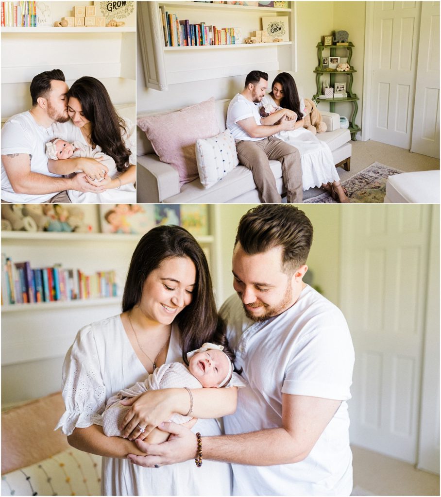 Mom Dad and newborn baby girl. Family of three. Boho Summer newborn session at home. Pink white and gold nursery. Photos by Renee Ash Photography, New Jersey Newborn Photographer