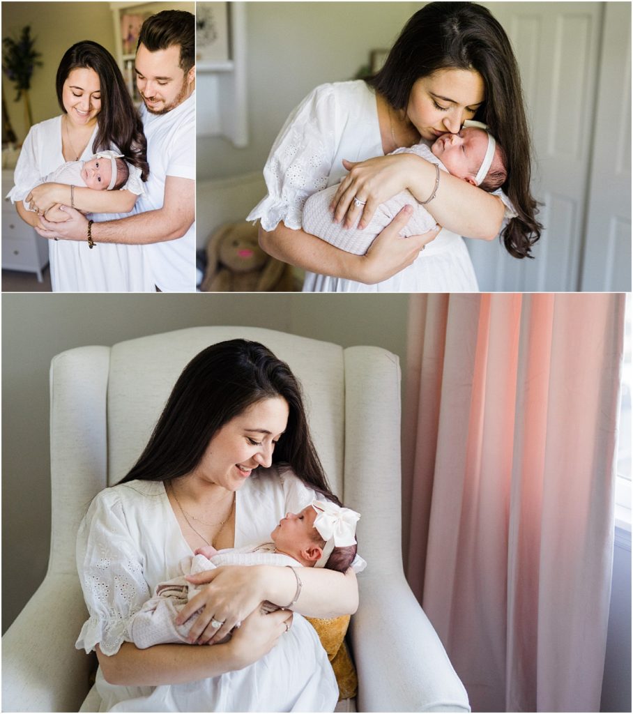 Mom and newborn baby girl. Family of three. Boho Summer newborn session at home. Photos by Renee Ash Photography, New Jersey Newborn Photographer
