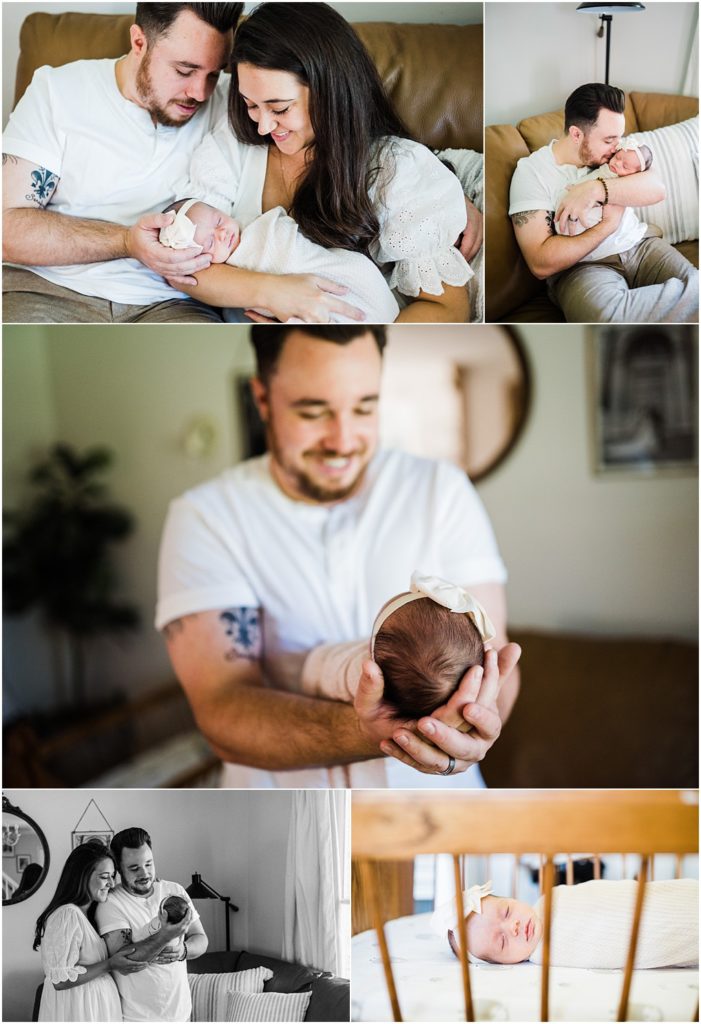 Mom Dad and newborn baby girl. Family of three. Boho Summer newborn session at home. Photos by Renee Ash Photography, New Jersey Newborn Photographer