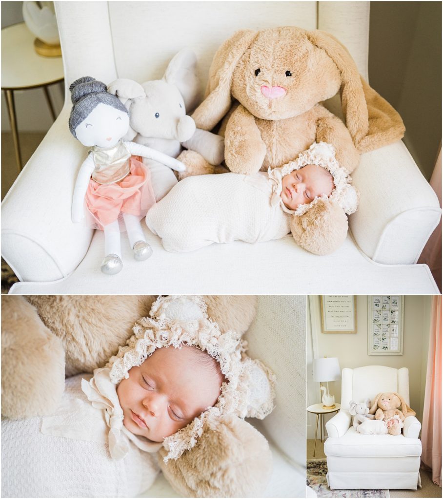 newborn baby girl in her white pink and gold nursery. With her stuffed bear, ballerina and elephant. Boho Summer newborn session at home. Photos by Renee Ash Photography, New Jersey Newborn Photographer