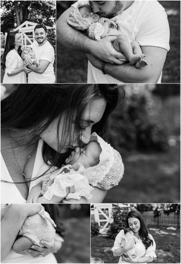 Mom and newborn baby girl in black and white. Summer newborn session outdoors at home. Photos by Renee Ash Photography, New Jersey Newborn Photographer