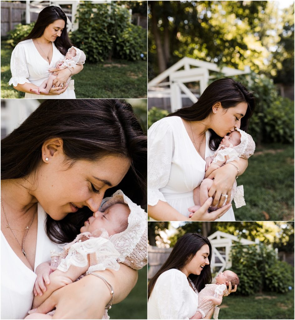 Mom and newborn baby girl. Summer newborn session outdoors at home. Photos by Renee Ash Photography, New Jersey Newborn Photographer