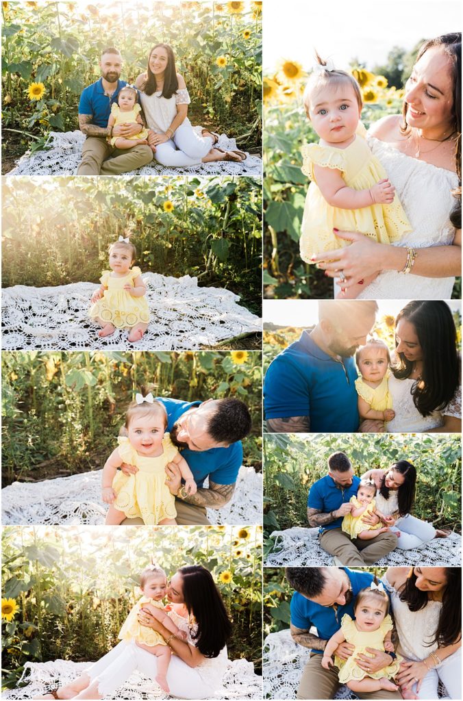 Family session with a toddler girl for her first birthday in the Sunflower fields at the sussex county sunflower maze in Sandyston NJ. Photos by Renee Ash photography, New Jersey 