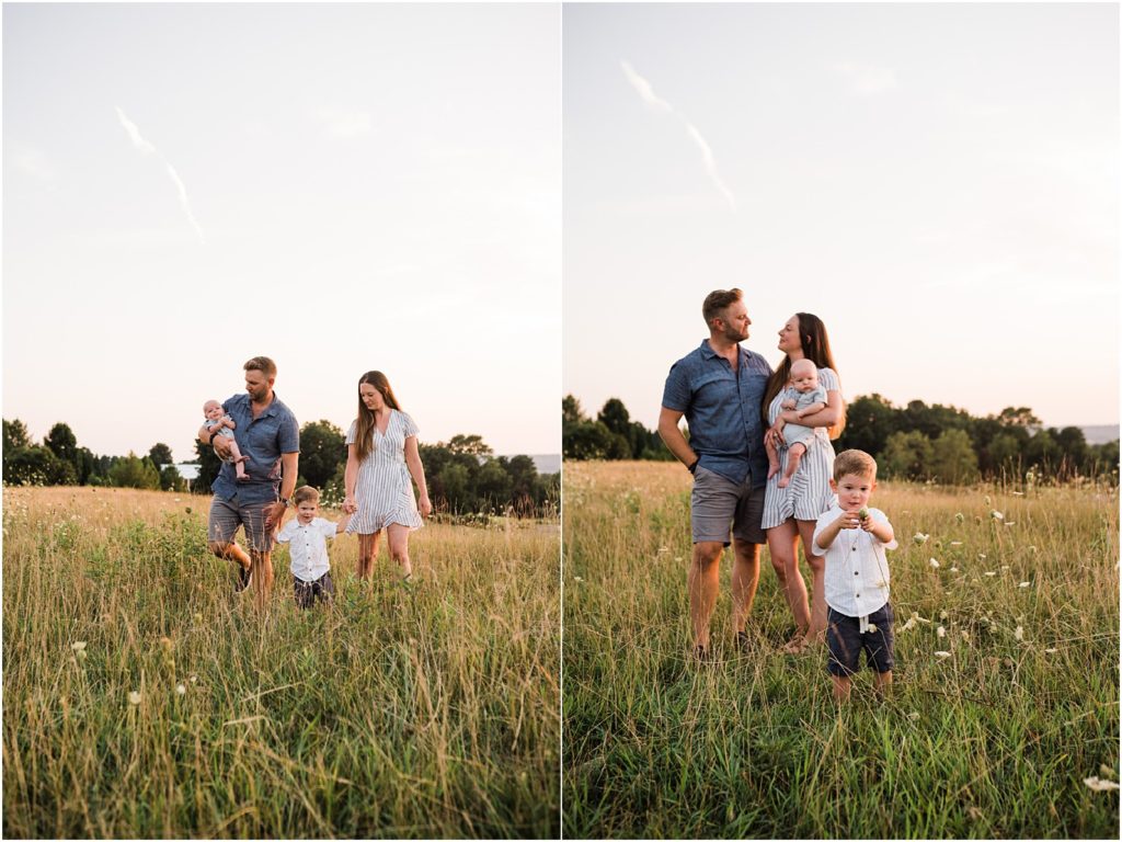 Summer Sunset Family session at Grand Cascades Lodge, Crystal Springs Resort, Vernon NJ. Family of four, grey and blue photo wardrobe, 4 month old boy and 3 year old boy. Photos by Renee Ash photography, New Jersey 