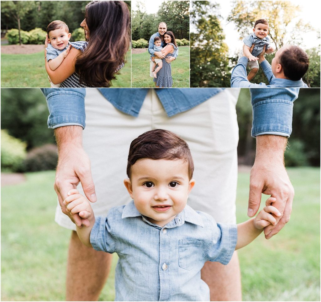 Family first birthday boy session outside at home. No cake smash. Family of three dressed in blue and white wardrobe during the summer. Photos by Renee Ash Photography Sussex County NJ photographer. 