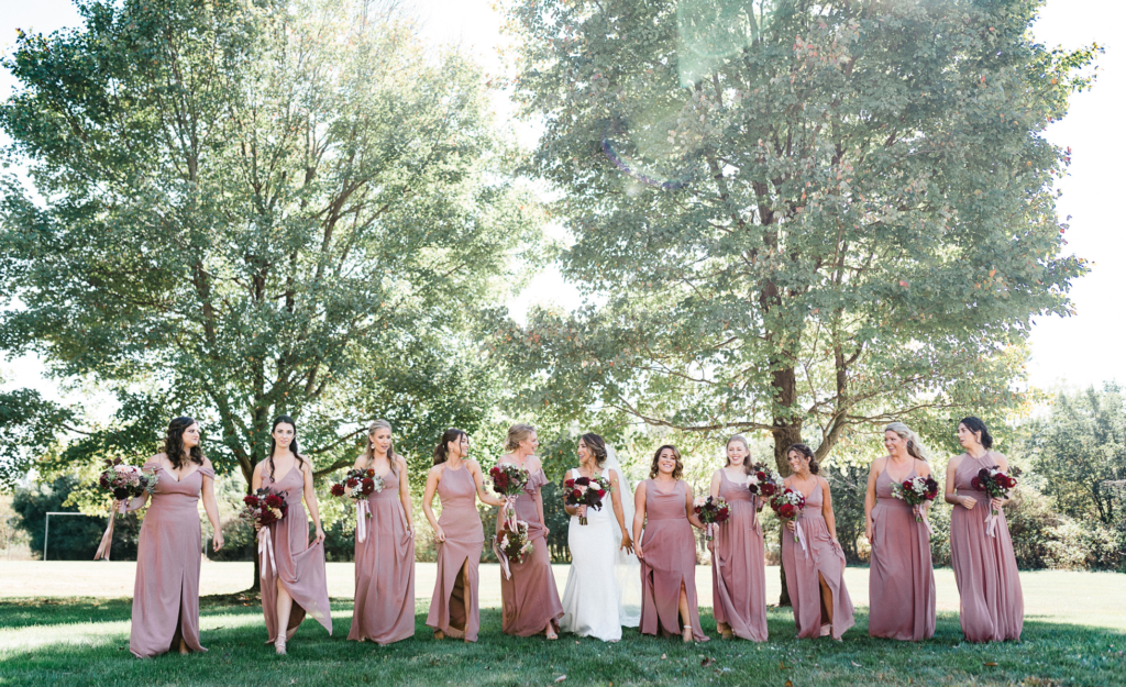 5 tips to find your wedding photographer. Things to consider when booking a wedding photographer. Renee Ash Photography Sussex County New Jersey wedding photographer. Mauve and maroon bridesmaids dresses and florals summer wedding in new jersey