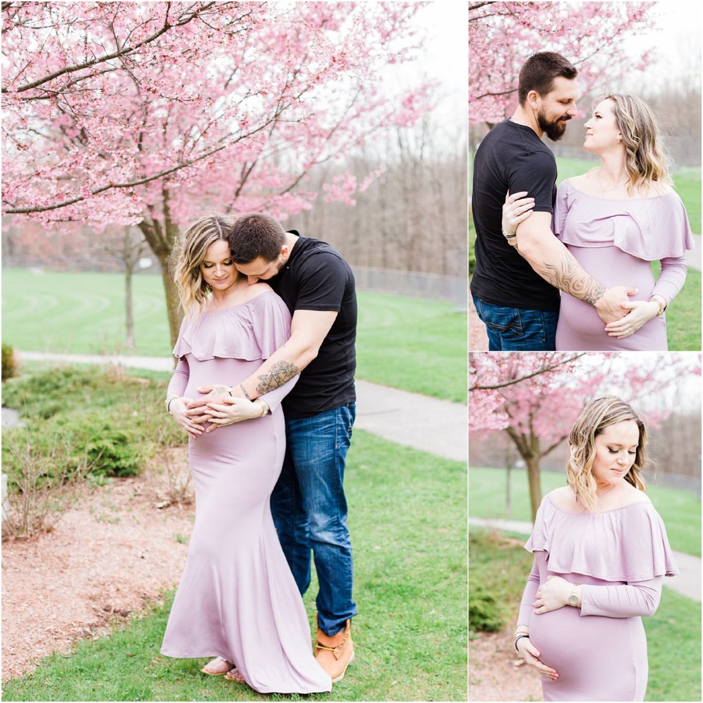 Sussex County NJ Maternity Photographer. Couple maternity session in wantage NJ with pink cherry blossom trees, a purple maternity gown by shop pink blush.what to wear for your spring family photos. 