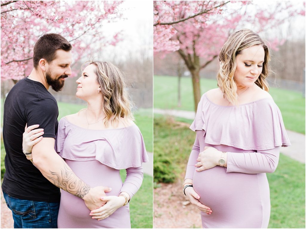 Sussex County NJ Maternity Photographer. Couple maternity session in wantage NJ with pink cherry blossom trees, a purple maternity gown by shop pink blush.what to wear for your spring family photos. 