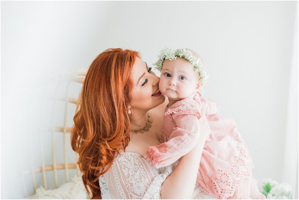 mother and daughter boho spring photo session. Baby floral crown. baltic Born white lace dress. 