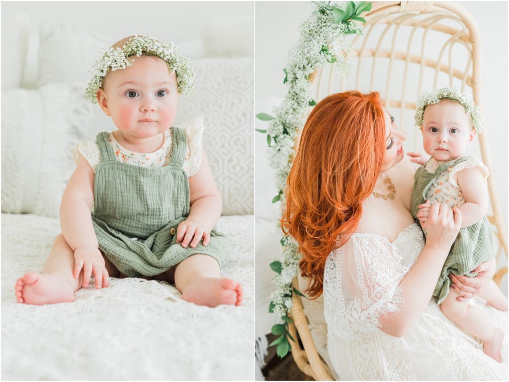Mommy and me baby pictures. boho spring photo session.  baltic Born white lace dress. 10 month old baby girl pictures. in studio motherhood pictures vernon nj 