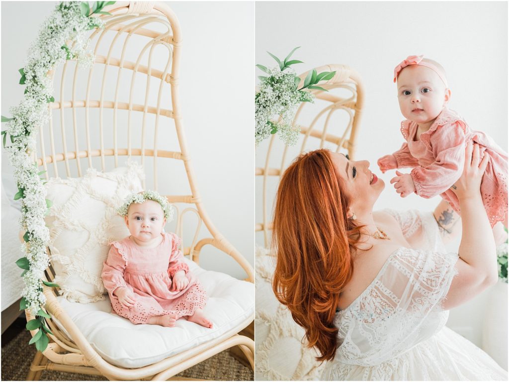 mom and me boho spring photo session. Baby floral crown. baltic Born white lace dress. 9 month baby milestone photos in studio with a cost plus world market rattan chair. 