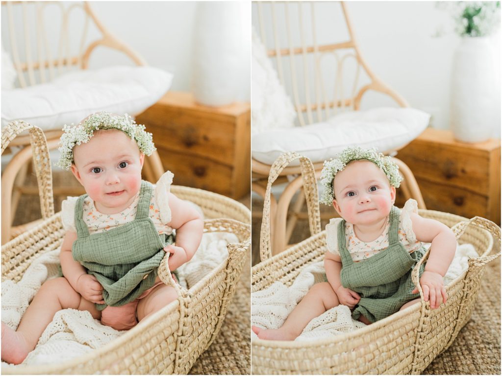 Mom and baby pictures. boho spring photo session. Baby girl in a wicker moses basket . 10 month old baby girl pictures. in studio motherhood pictures vernon nj Renee Ash Photography 