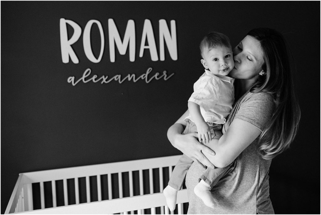 Mom and son in the nursery with a baby boy. Maternity photos at home. navy blue, white and gold nursery.  lifestyle . by Renee Ash New Jersey photographers