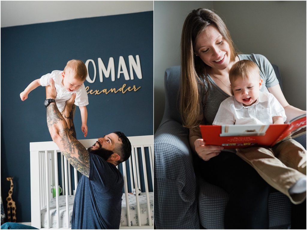 Family of three at home  in the nursery with a toddler boy. Maternity photos at home. navy blue, white and gold nursery.  lifestyle  birthday pictures at home. by Renee Ash New Jersey photographers