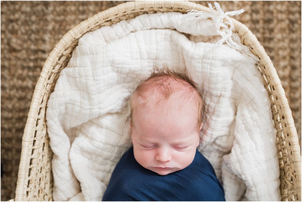 navy and cream boho lifestyle newborn boy pictures in studio. Renee Ash Photography Sussex County New Jersey newborn photographer