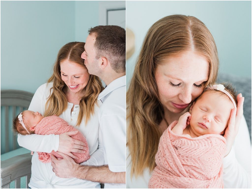 baby girl pink and teal newborn pictures at home, Renee Ash Photography NJ Newborn photographers
