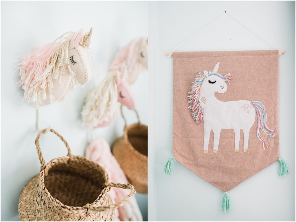 unicorn themed baby girl nursery. Teal and pink decor. Mud pie unicorn wall hook, unicorn wall hanging