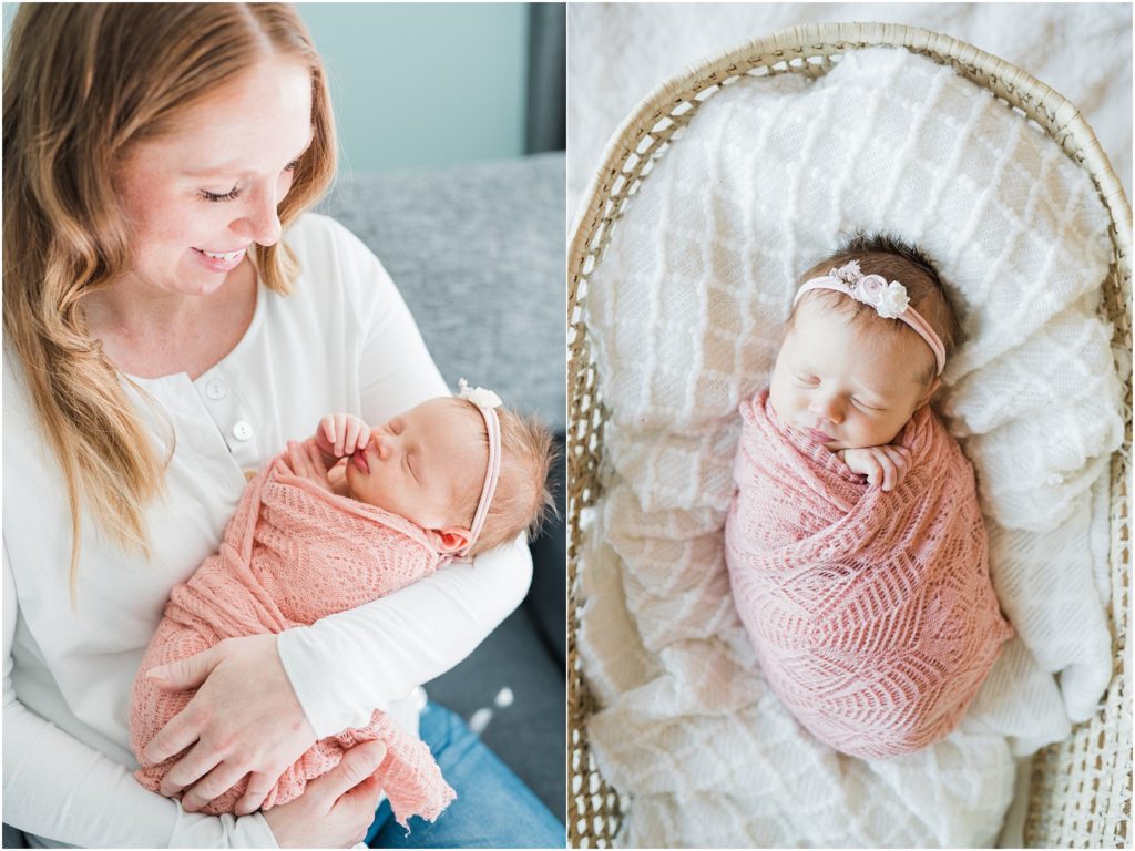 Newborn pictures at home. Baby  girl in a moses basket. Renee Ash Photography NJ Newborn photographers