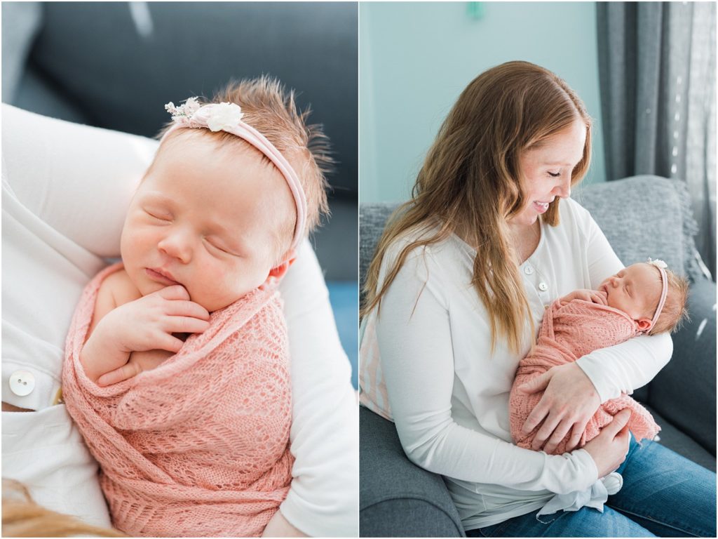 Mom and baby girl. Teal white and pink nursery. Renee Ash Photography NJ Newborn photographers