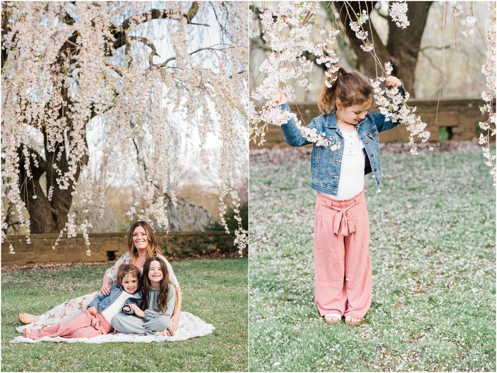 Mother and daughters pictures in the Spring cherry blossoms in New Jersey. Baltic born dress and bailey's blossoms outfits. by Renee Ash Photography