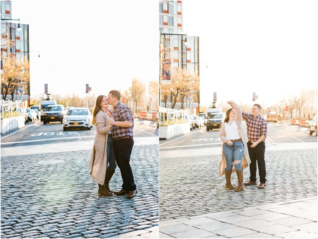 Romantic Engagement photos on the pier at Gantry Plaza State Park  in Queens NY. NYC engagement by Renee Ash Photography NJ wedding photographers