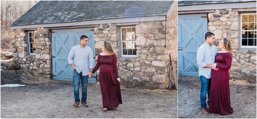 What to wear for Maternity Photos at Waterloo Village. Burgundy maternity gown for pictures. Renee Ash Photography NJ Maternity photographer