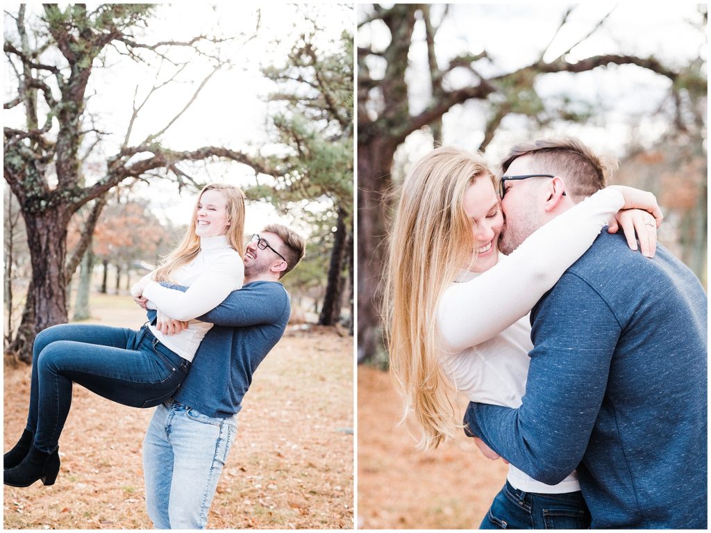 casual and fun couples pictures in the pine trees Sussex County  NJ engagement photos by Renee Ash Photography