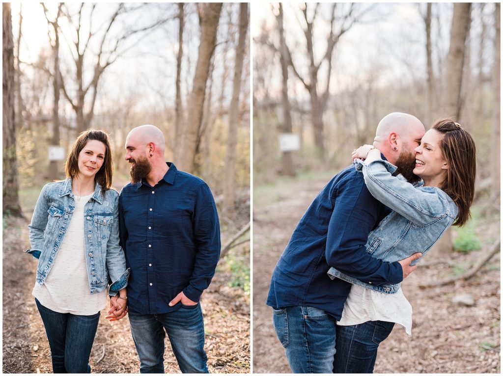 casual hiking, woods and nature trail engagement photos at Crystal Springs Resort in Sussex County NJ by Renee Ash Photography