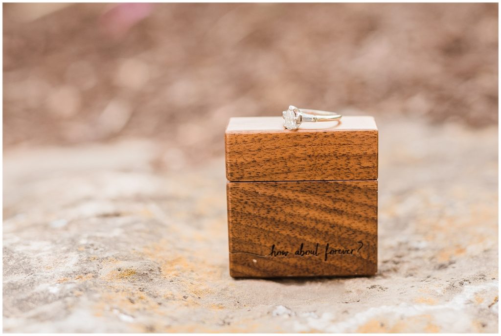 "How about forever?" engraved wood ring box with a diamond tear drop engagement ring. by Renee Ash Photography NJ Photographer 