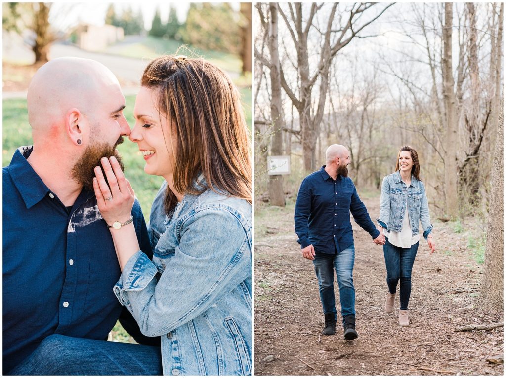 casual hiking, woods and nature trail engagement photos at Crystal Springs Resort in Sussex County NJ by Renee Ash Photography