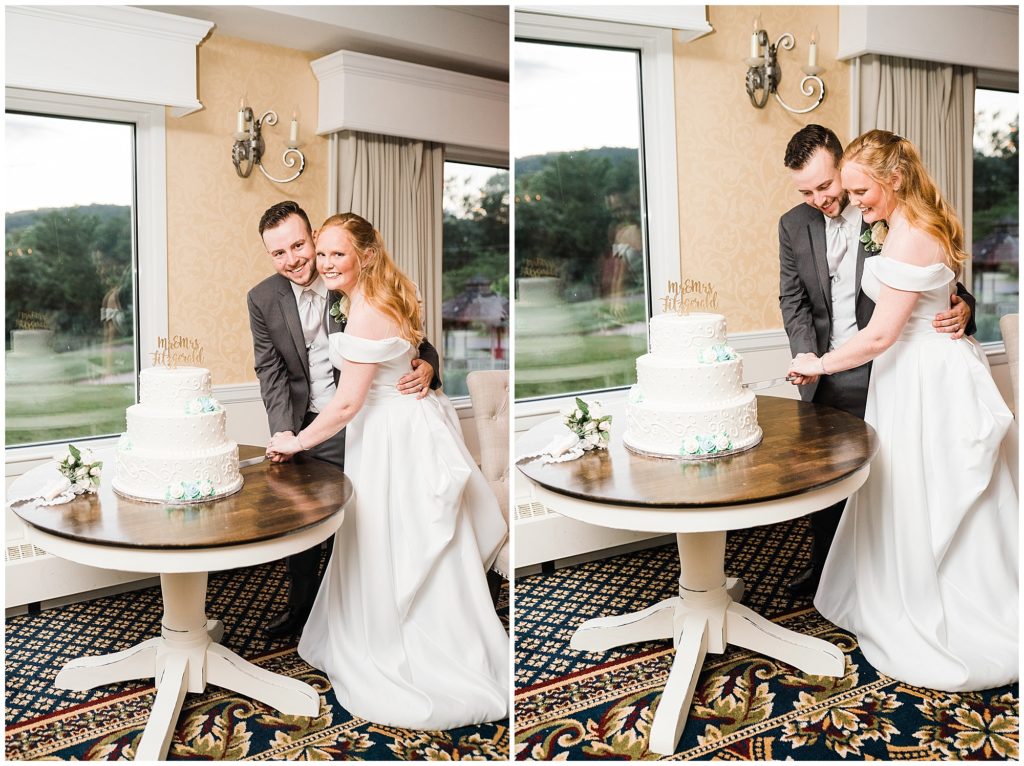 Bride and Groom cutting the wedding cake from Calandras Bakery  during their reception on their wedding day at the Club at Picatinny in dover New Jersey. Photo by Renee Ash Photography 