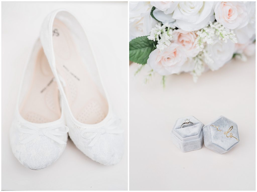 Bridal details, grey i do ring box, white bridal flat shoes with lace at the Club at Picatinny in dover New Jersey. Photo by Renee Ash Photography