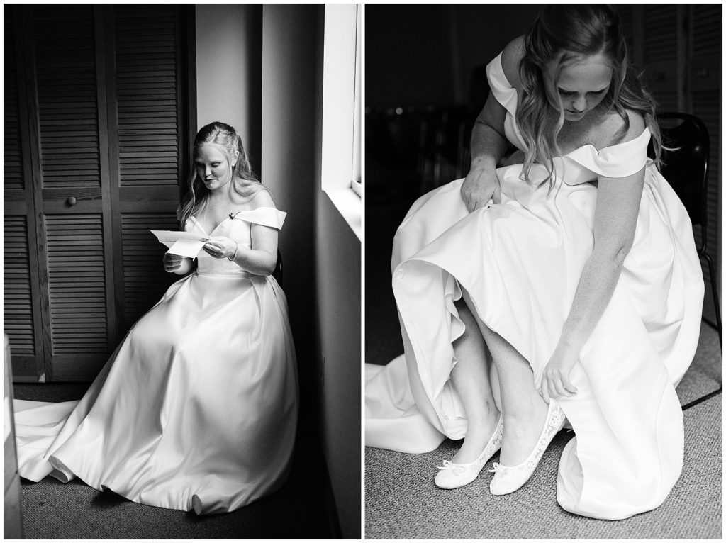 Black and white of the bride getting ready on her wedding day.  Reading a letter from her groom at Grace church in New Jersey. Photo by Renee Ash Photography