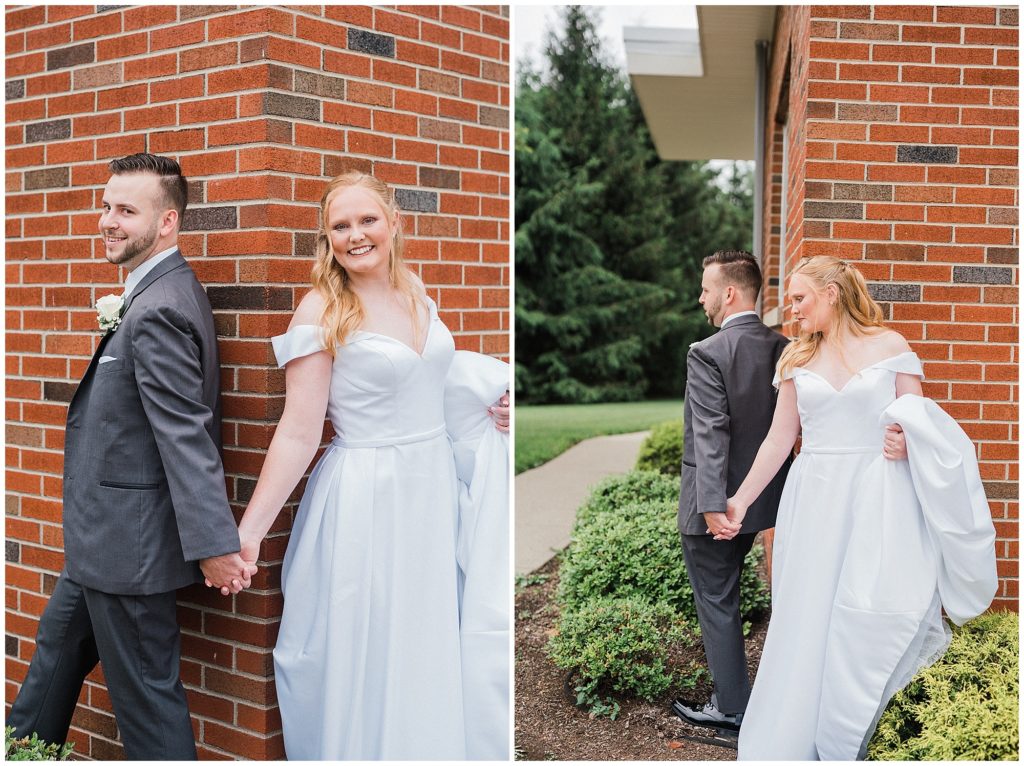 Alternative first look. Bride and groom holding hands around a door on their wedding day . Photo by Renee Ash Photography