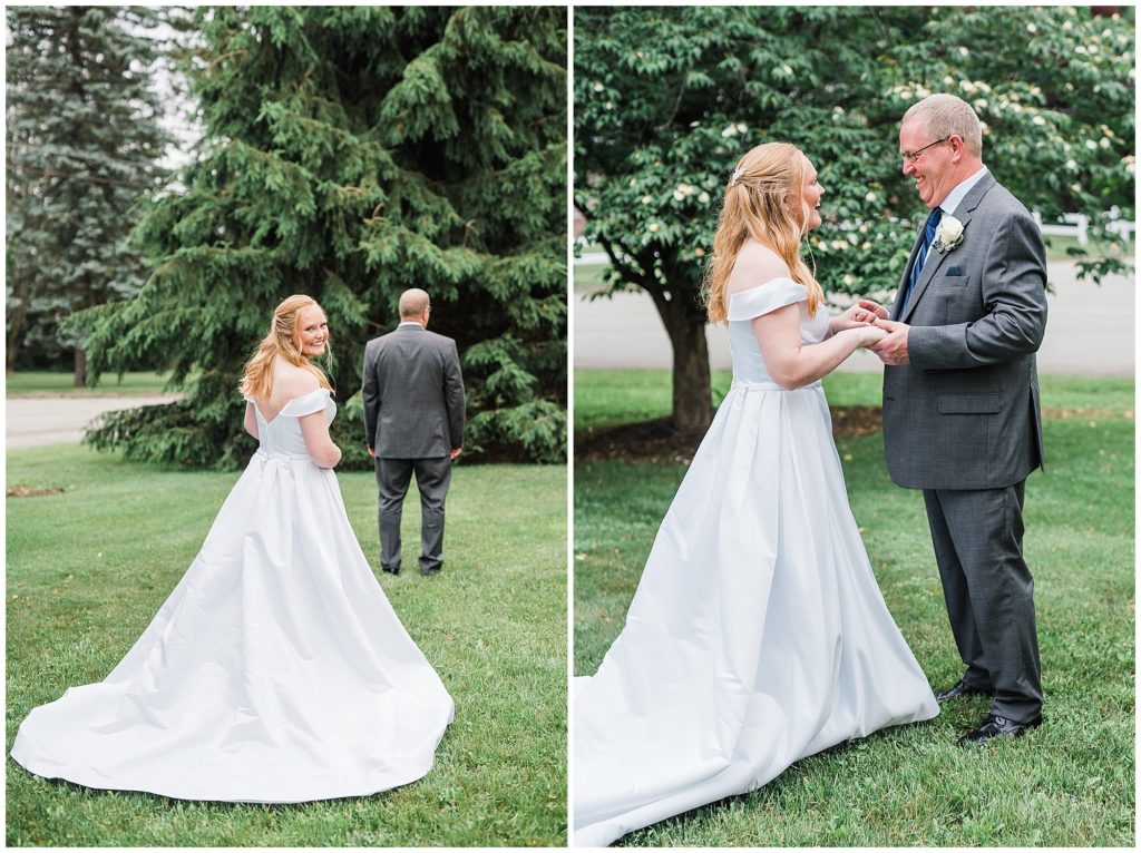 Outdoor father daughter first look  Bride and dad first look holding hands on her wedding day at Grace Church New Jersey. Photo by Renee Ash Photography