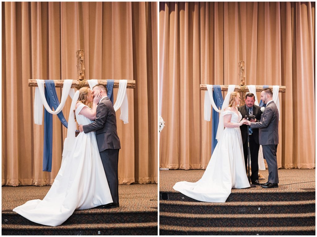 Grace church ceremony. Bride and groom exchange rings and share their first kiss at Grace Church in Randolph  New Jersey. Photo by Renee Ash Photography