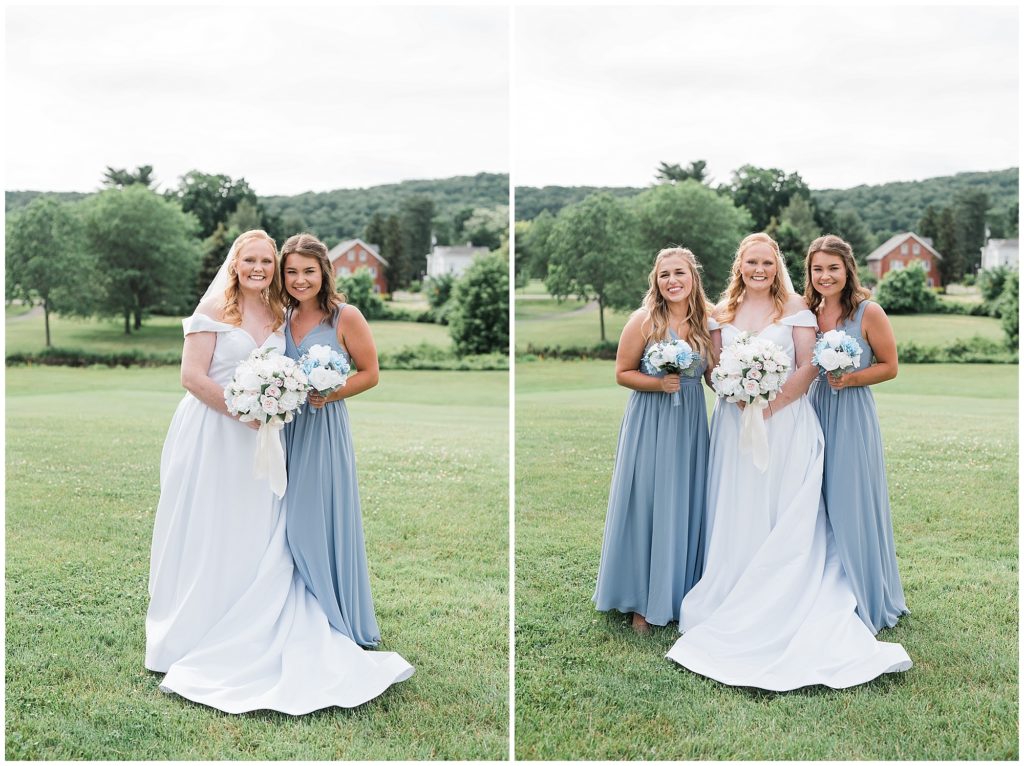 Outdoor bridal party portraits on their wedding day at the Club at Picatinny in dover New Jersey. Photo by Renee Ash Photography Pale blue bridesmaids dresses by Azazie. Suit rentals by Mens warehouse.