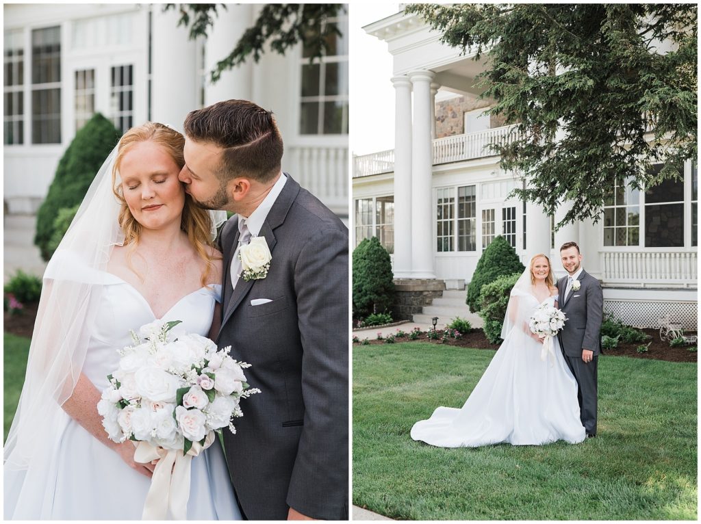 Outdoor bridal and groom portraits on their wedding day by the General's mansion at the Club at Picatinny in dover New Jersey. Photo by Renee Ash Photography 