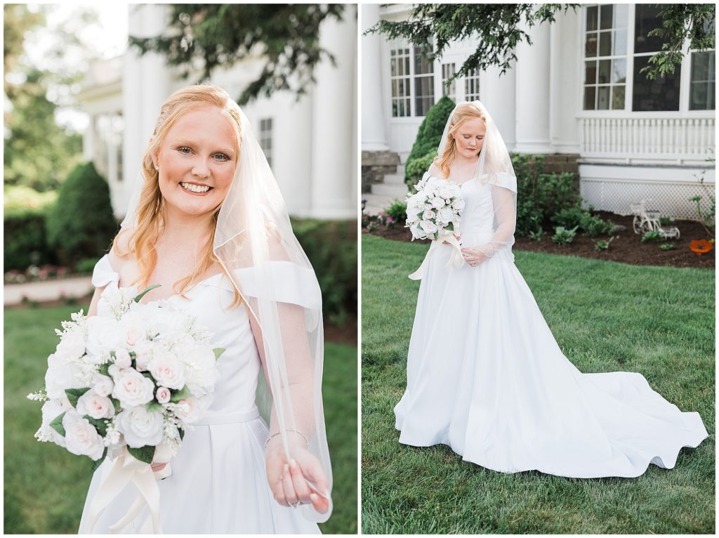 Outdoor bridal portraits on their wedding day by the General's mansion at the Club at Picatinny in dover New Jersey. Photo by Renee Ash Photography 