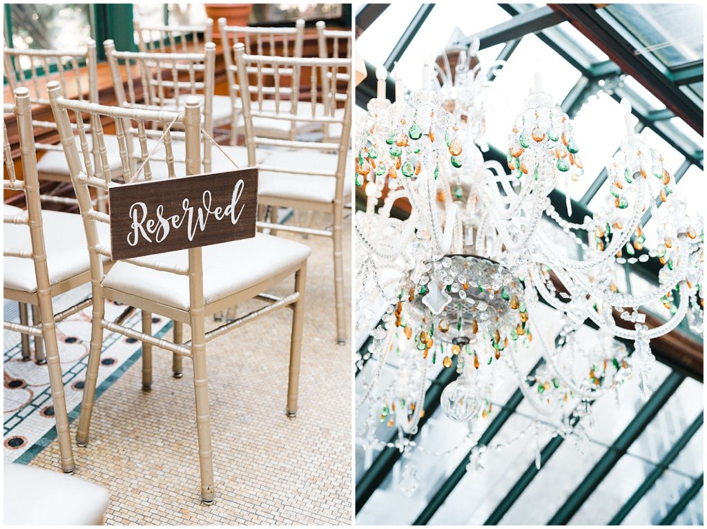 Reserved sign and chandeleir in the ceremony space at the Grand Conservatory at the Brownstone.  Renee Ash Photography