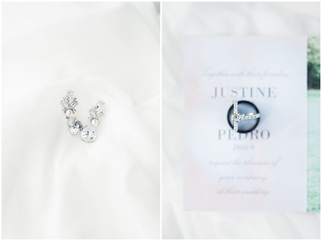 Bride's David's Bridal drop earrings. bridal wedding day details. bride and Groom's rings on their wedding invitation at the Brownstone.  Renee Ash Photography