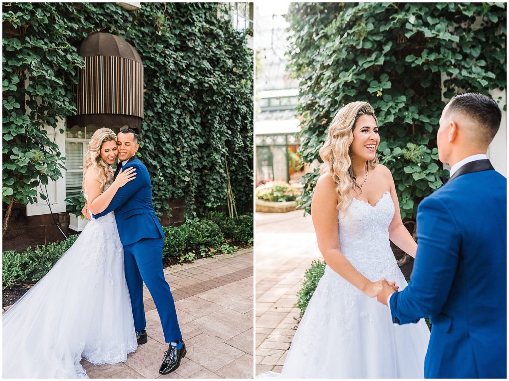 Bride and Groom first look photos in the courtyard at the Brownstone.  Renee Ash Photography