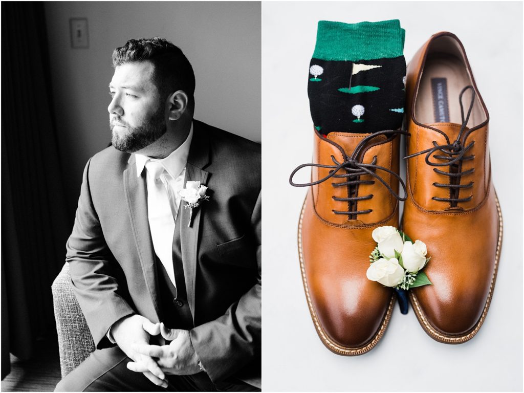 Groom getting ready the morning of his wedding. Groom's details photo of his shoes and golf socks. Ballyowen at Crystal Springs summer wedding. Renee Ash Photography