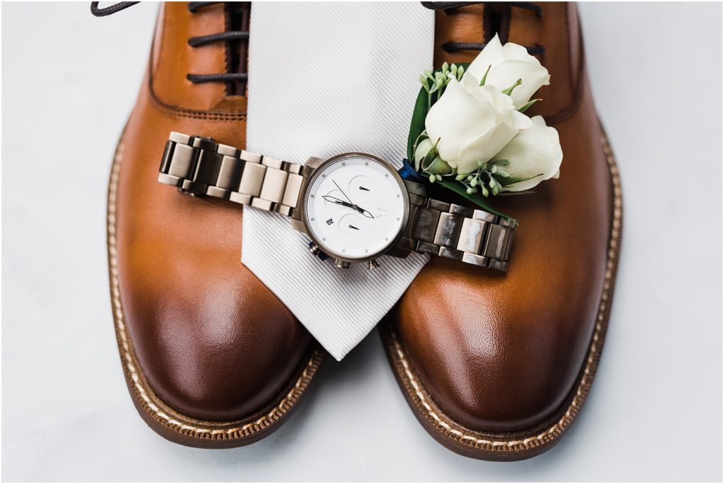  Groom's details photo of his shoes watch, tie and boutonniere. Ballyowen at Crystal Springs summer wedding. Renee Ash Photography